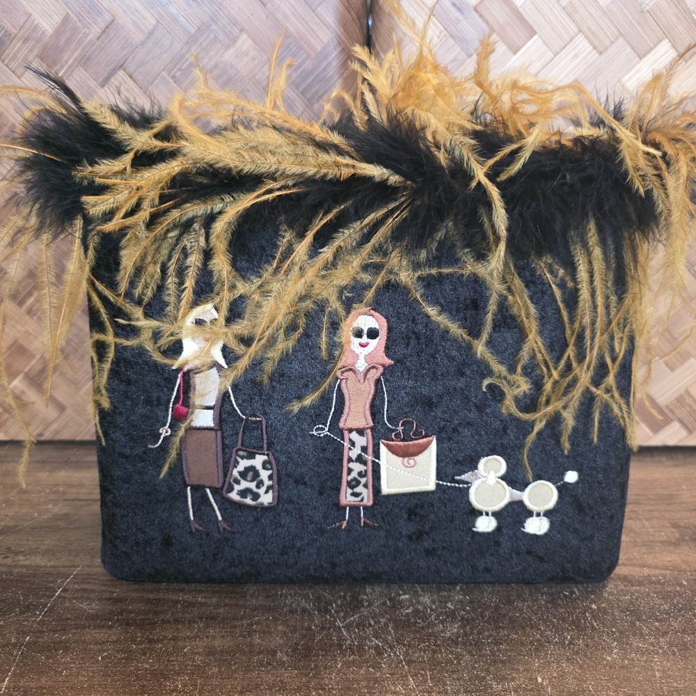 Black Handbag Velvet Like Embroidered Ladies Shoppers Poodle Feathers 10.5 x 8.5